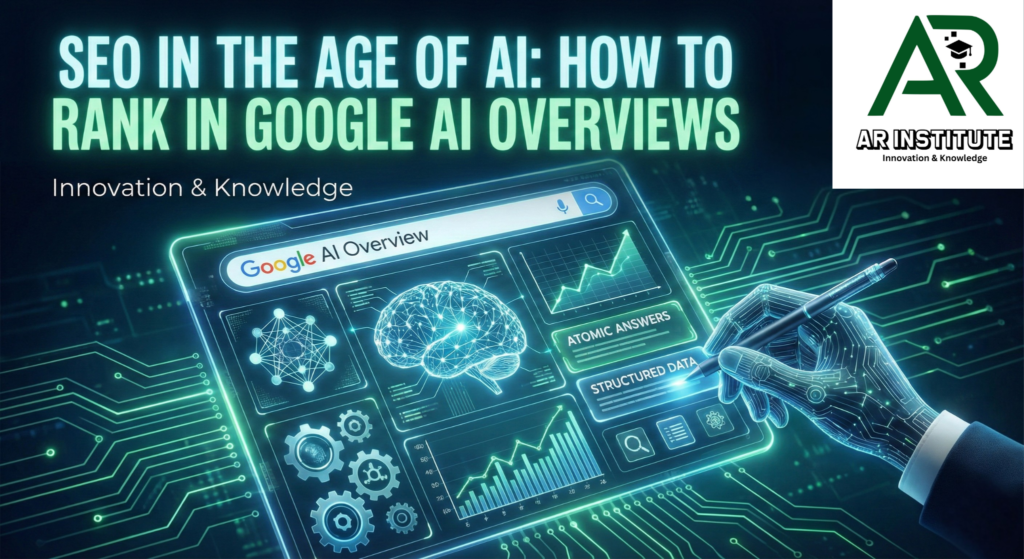 SEO in the age of AI blog banner showing Google AI Overview dashboard, structured data, and ranking strategy concept